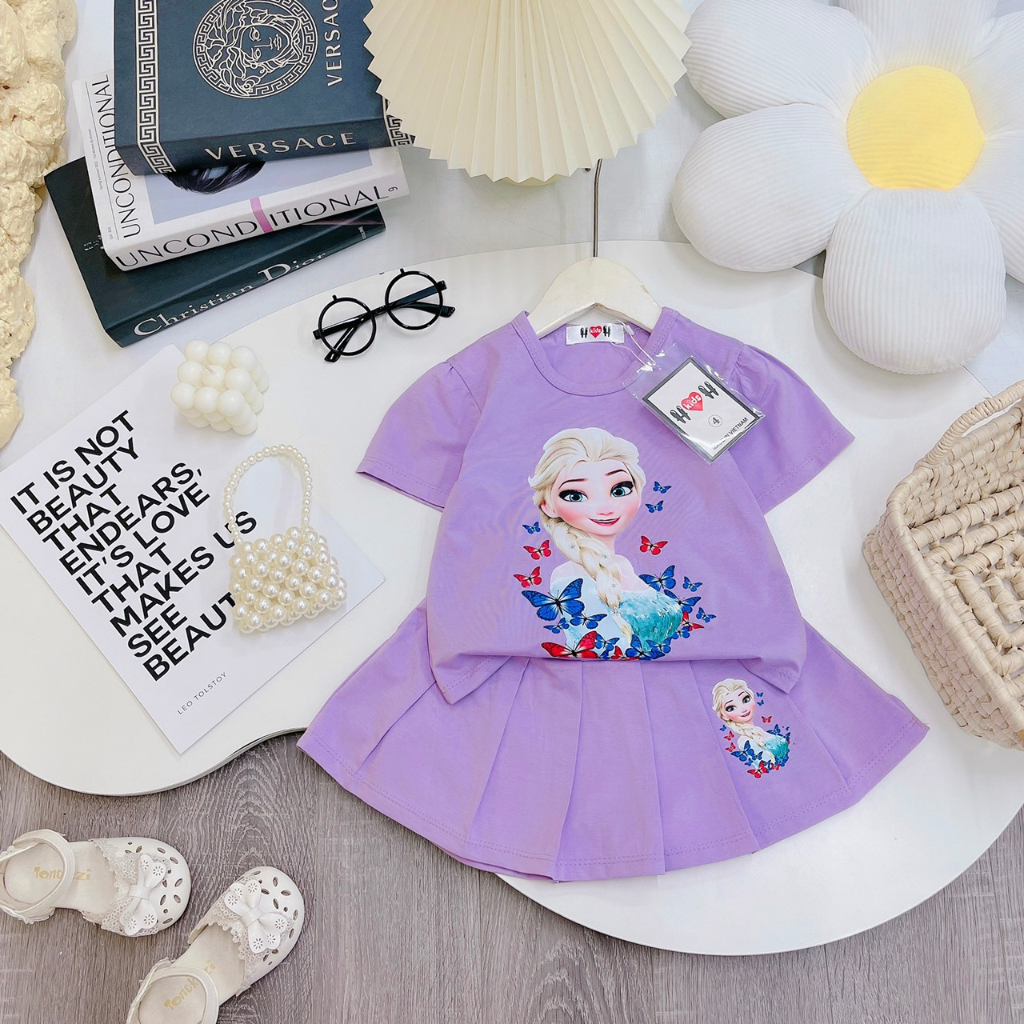 Set váy bé gái cộc tay size 10 - 20kg, chất cotton mềm mát, in hình Elsa dễ thương