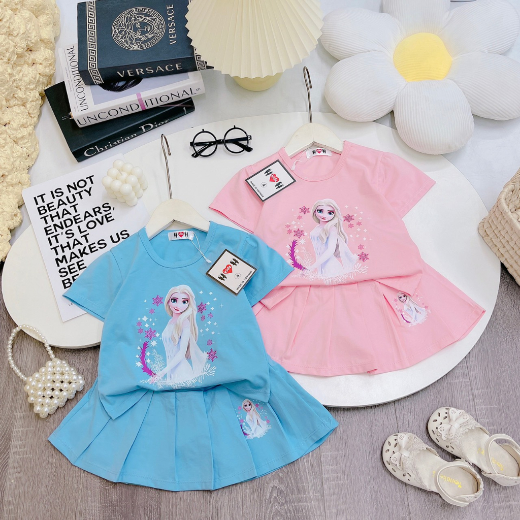 Set váy bé gái cộc tay size 10 - 20kg, chất cotton mềm mát, in hình Elsa dễ thương