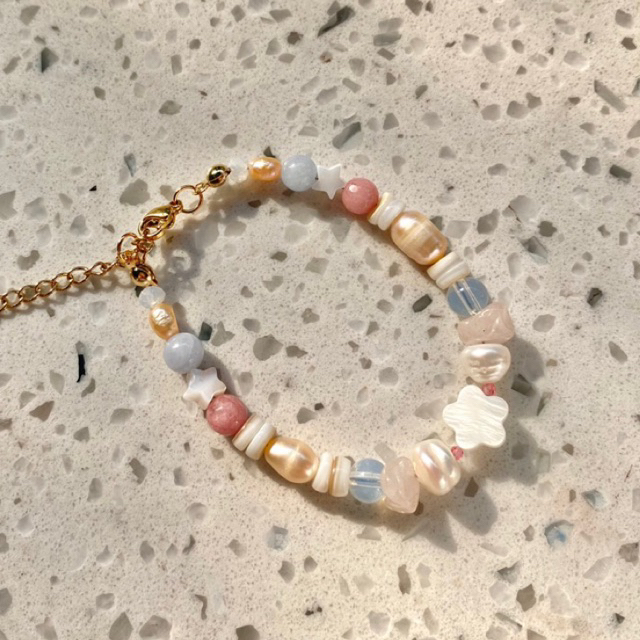 SET VÒNG TAY & VÒNG CỔ Ô RI TONE HỒNG XANH PASTEL TRAI NƯỚC NGỌT PHỐI ĐÁ VỎ SÒ