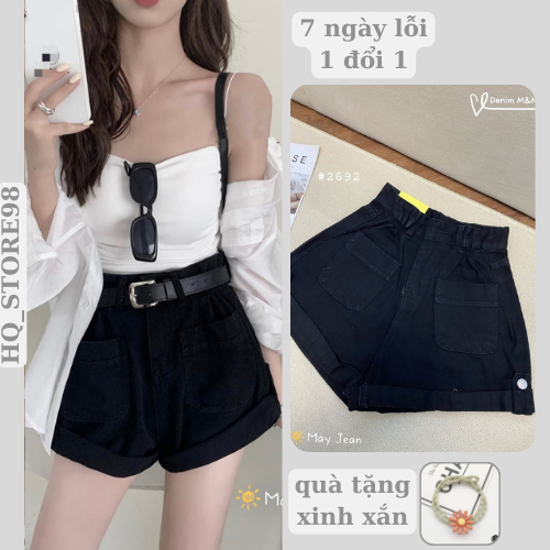 Quần short jean nữ chun eo màu đen (kèm đai) HQ_STORE98 gập gấu lên dáng chất liệu jean dày dặn màu cao cấp #3692
