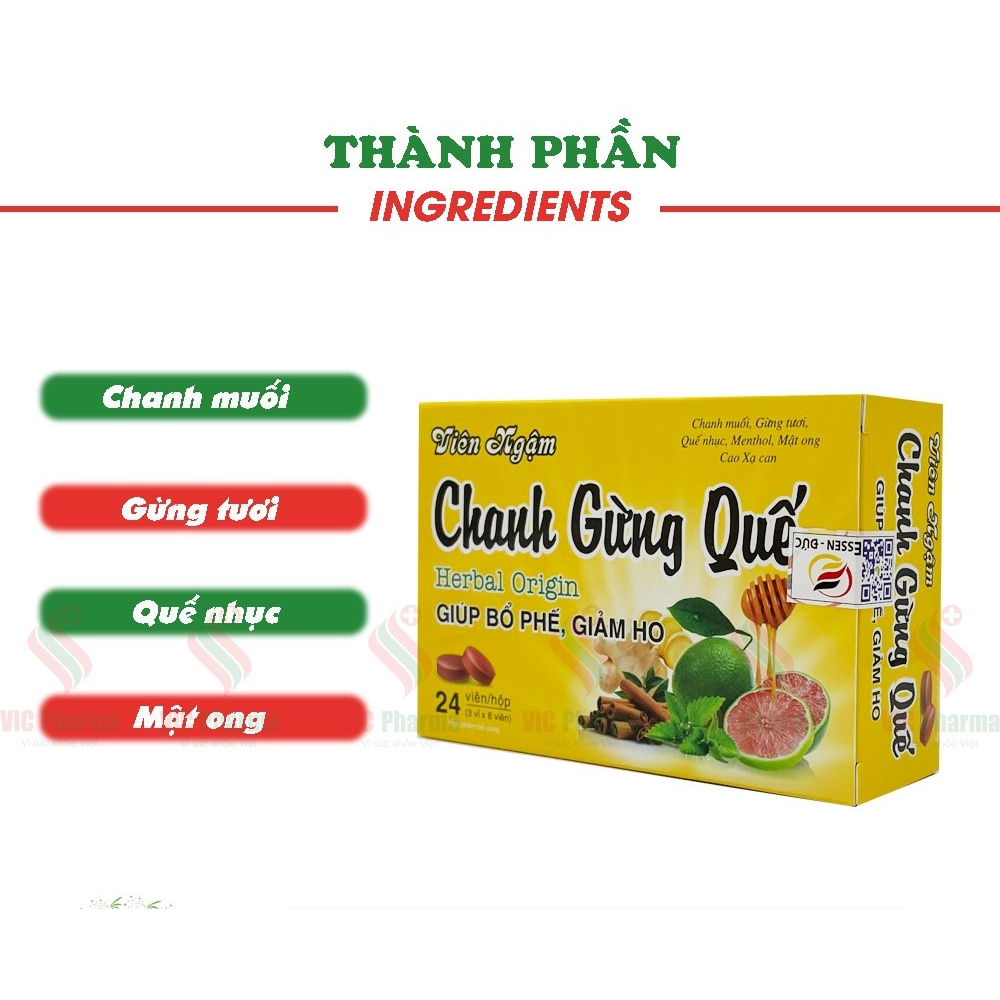 Viên ngậm Chanh Gừng Quế chính hãng giúp bổ phế, giảm ho đau rát họng hộp 24 viên