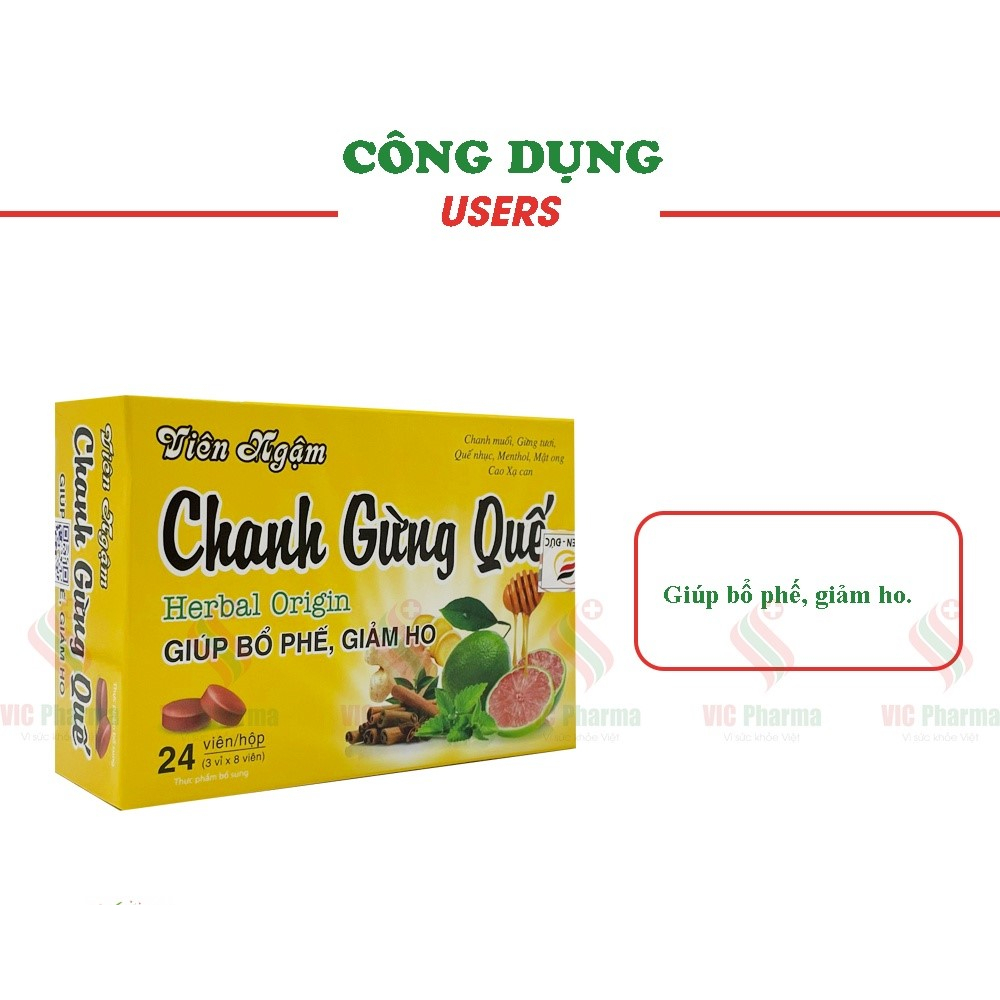 Viên ngậm Chanh Gừng Quế chính hãng giúp bổ phế, giảm ho đau rát họng hộp 24 viên