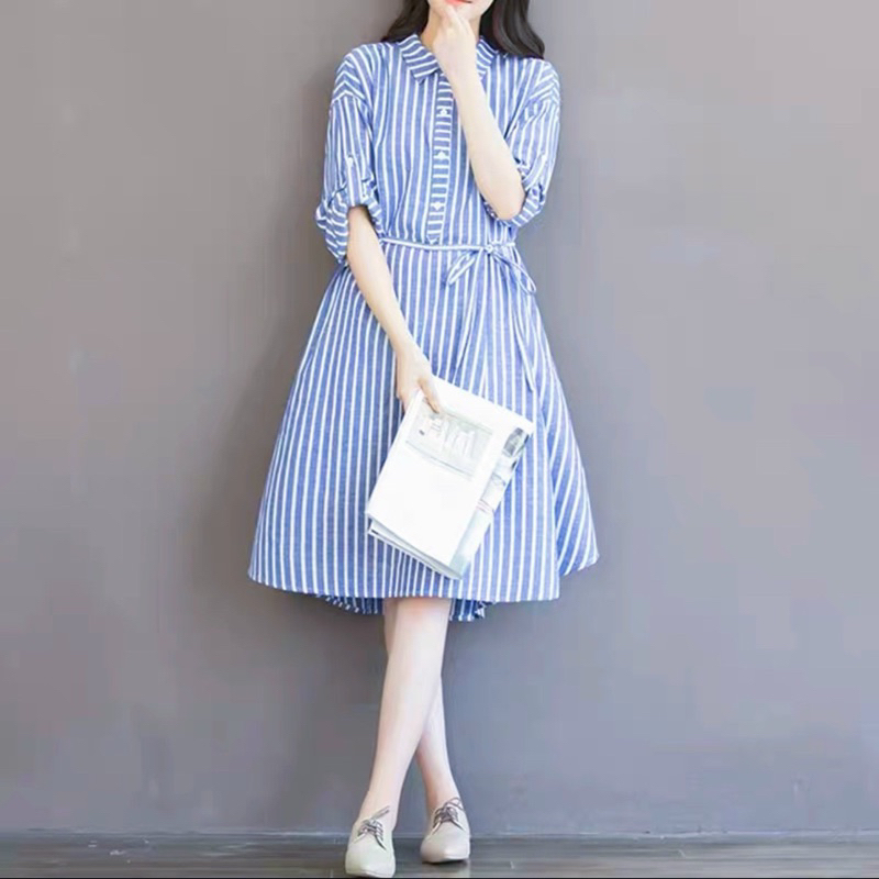 Đầm suông sơ mi sọc xanh tay gài nút (kèm hình thật)