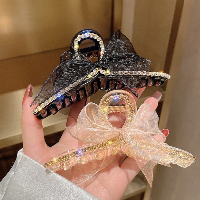 kẹp gắp viền đá và ruy băng xinh xắn, gắp tóc phong cách hàn quốc