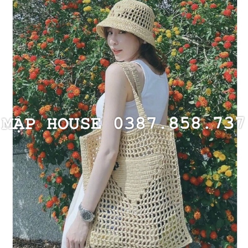Túi cói lưới chữ nhật đi biển thêu chữ phong cách Vintage
