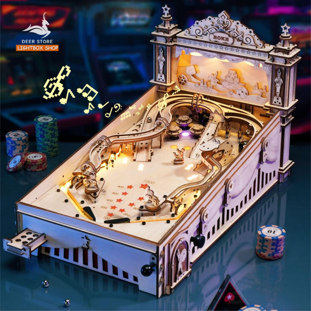 Đồ chơi xếp hình bằng gỗ 3D ROBOTIME ROKR Pinball Machine EG01. Mô hình tự lắp ráp có Nhạc và Đèn