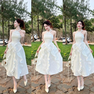 Đầm váy nữ dự tiệc cổ yếm đính cườm phối bèo xinh xắn dành cho các nàng diện đi tiệc, đi chơi, thời trang nữ MOON