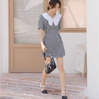 Đầm caro cổ trắng thắt eo (kèm hình thật)