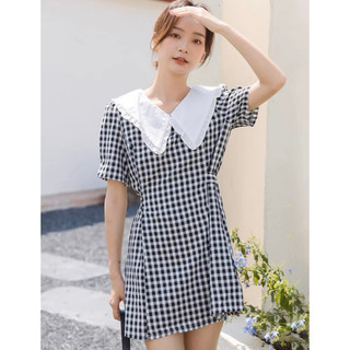 Đầm caro cổ trắng thắt eo (kèm hình thật)