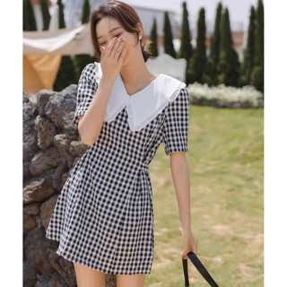 Đầm caro cổ trắng thắt eo (kèm hình thật)