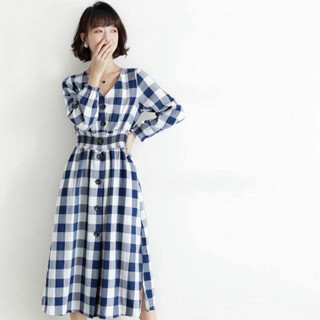 Đầm caro xanh thun eo tay dài