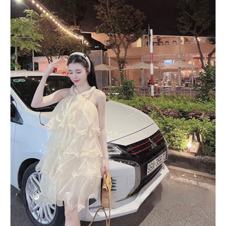 Váy tơ yếm nơ 5 tầng qp