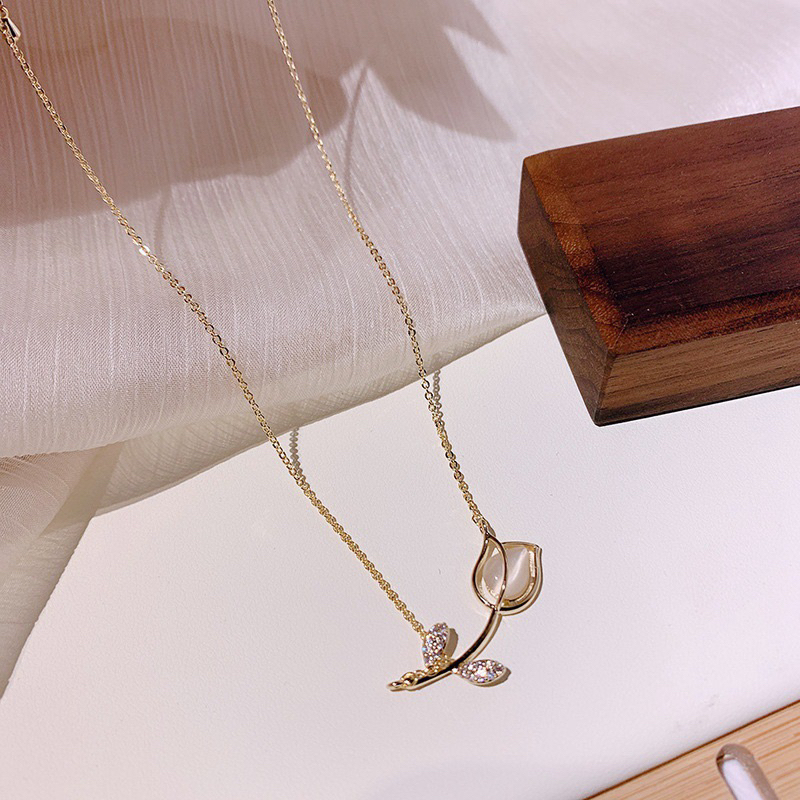 combo bông tai dây chuyền hoa lyly đính đá mắt mèo phong cách hàn quốc sang chảnh