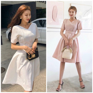 Đầm cổ V kèm belt 2 màu
