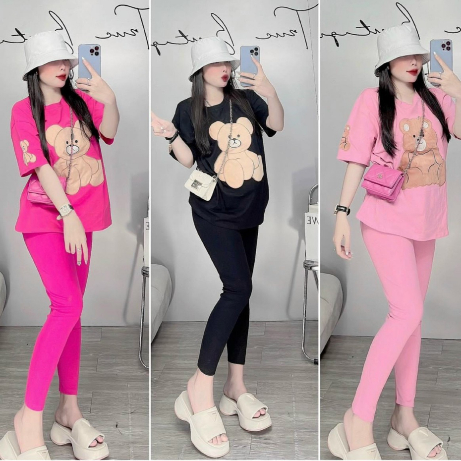Set đồ bộ nữ áo phông hình gấu mix quần dài xinh xắn dành cho các nàng mặc nhà, đi chơi thoải mái, siêu cute.