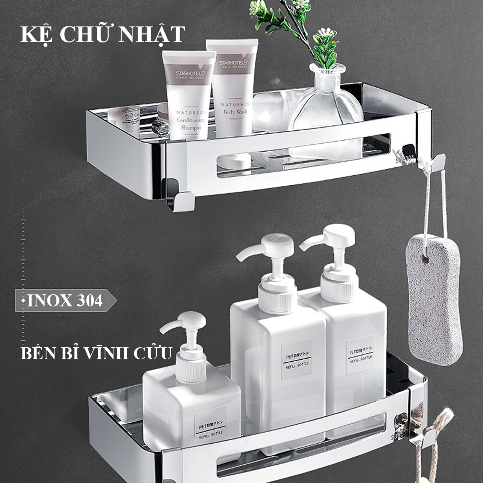 Kệ Nhà Tắm Inox 304 Treo Tường Không Cần Khoan AP88, Kệ Để Đồ Nhà Bếp Chai Lọ Gia Vị, Giá Đồ Dán Tường Inox Hiện Đại