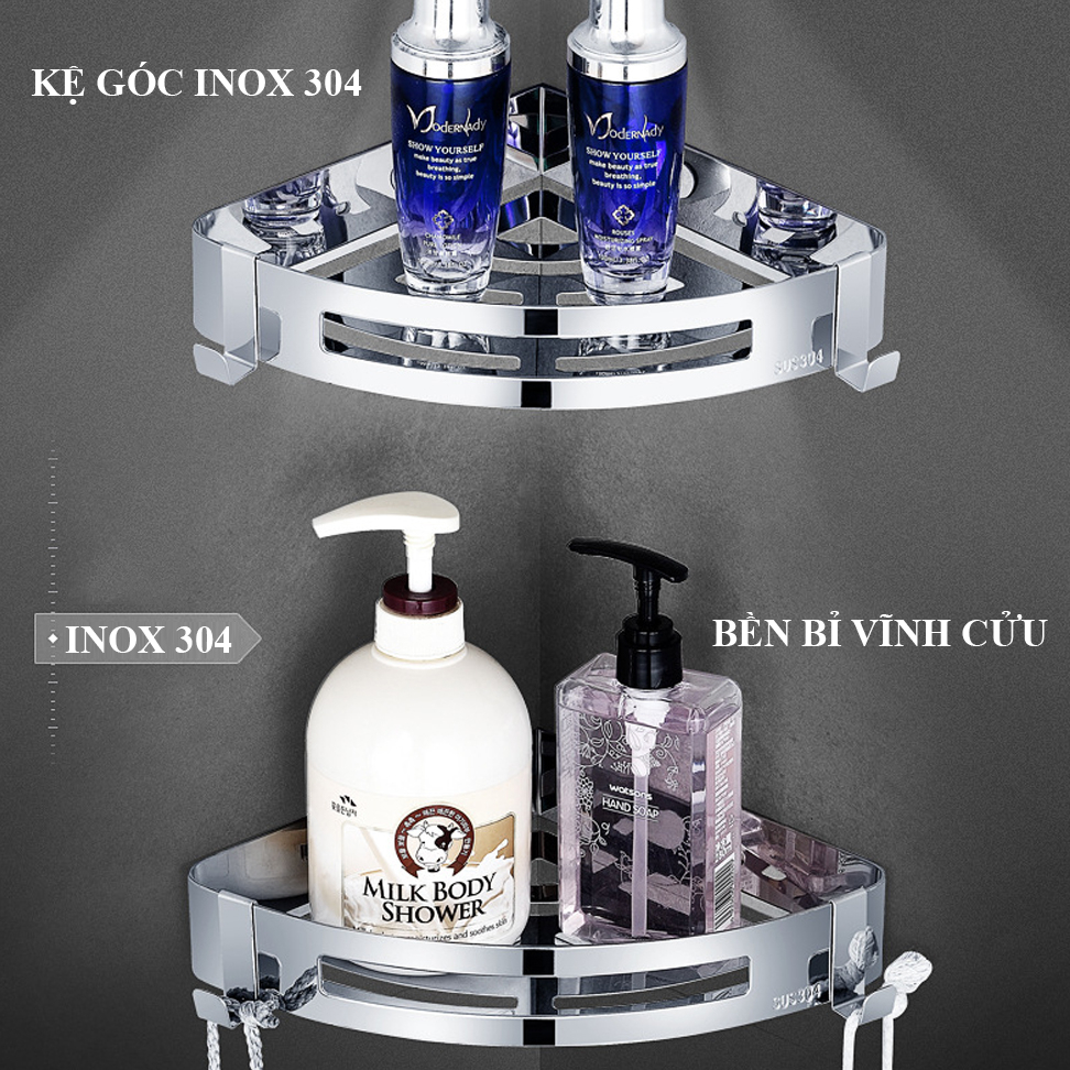 Kệ Góc Nhà Tắm Inox SUS304 Siêu Bóng Đẹp Dính Tường Chắc Chắn HP7979, Kệ Để Đồ Bếp Gia Vị Chai Lọ Sáng Bóng Sang Trọng