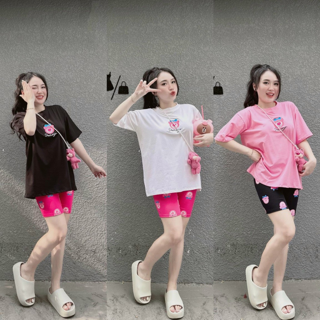 Set đồ bộ nữ áo phông hình gấu mix quần ngố với tone màu xinh xắn dành cho các nàng đi dạo, đi chơi siêu xinh, thoải mái