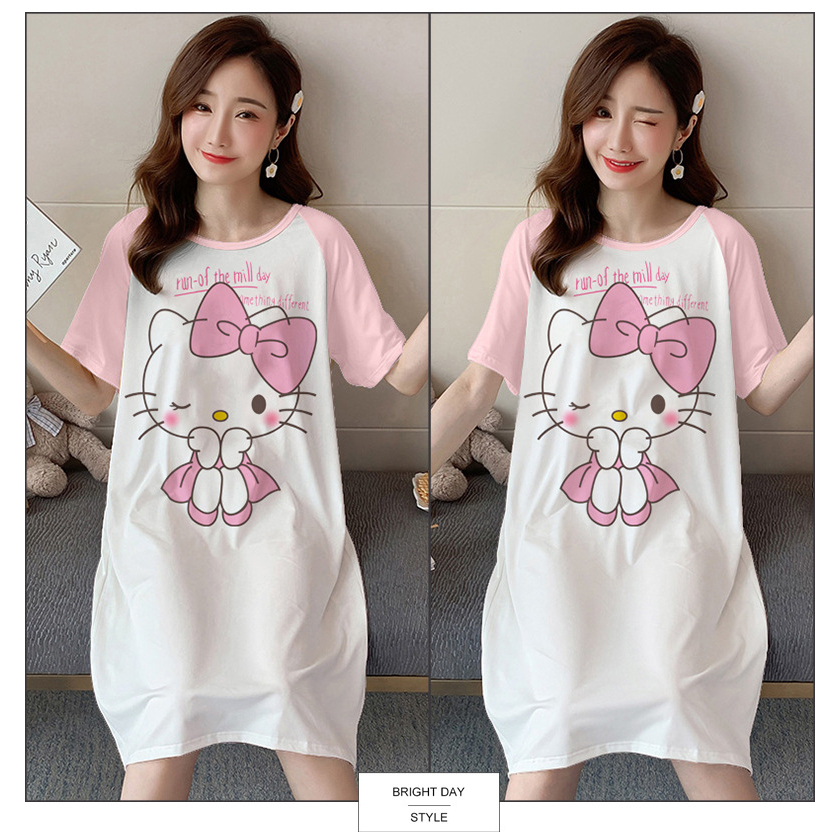 Váy ngủ ngắn tay hình Hello Kitty chất liệu cotton sợi tơ sữa