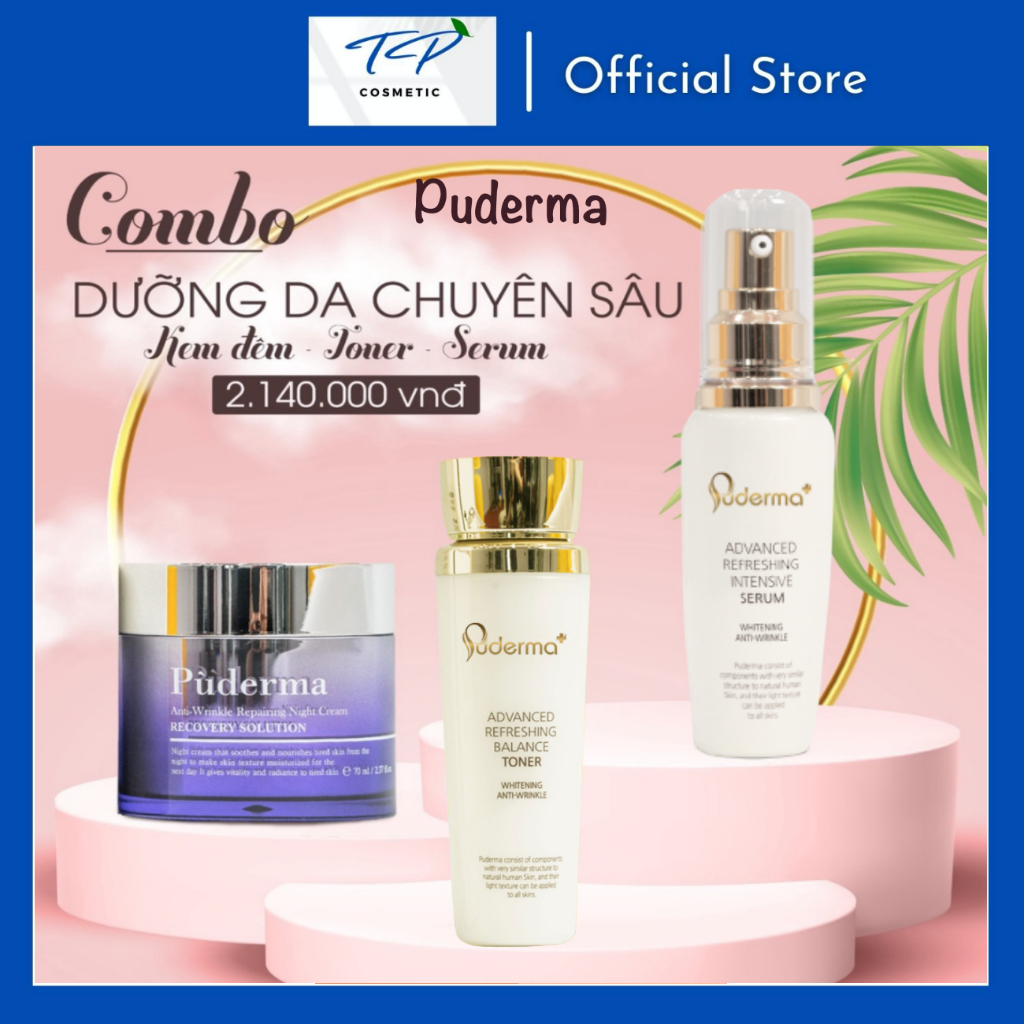 Combo dưỡng da chuyên sâu:Toner Puderma 130ml, Serum Puderma 60ml và Kem đêm Puderma 50 ml giúp dưỡng ẩm