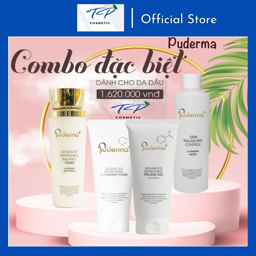 Combo làm sạch dành cho da dầu: Gồm tẩy trang Puderma, Sữa rửa mặt Puderma, Tẩy da chết và Tonwe Puderma