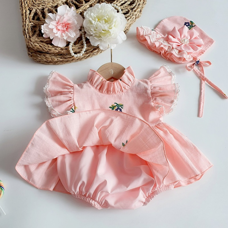 Body Váy Linen Hồng 𝐍𝐇𝐈́𝐌 𝐗𝐔̀ 𝐊𝐈𝐃𝐒 Cho Bé Gái Sơ Sinh, Đầy Tháng, Thôi Nôi, Sinh Nhật Chất Linen Bột B030