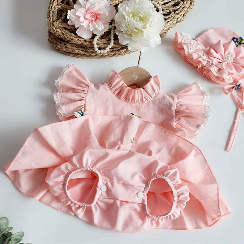 Body Váy Linen Hồng 𝐍𝐇𝐈́𝐌 𝐗𝐔̀ 𝐊𝐈𝐃𝐒 Cho Bé Gái Sơ Sinh, Đầy Tháng, Thôi Nôi, Sinh Nhật Chất Linen Bột B030