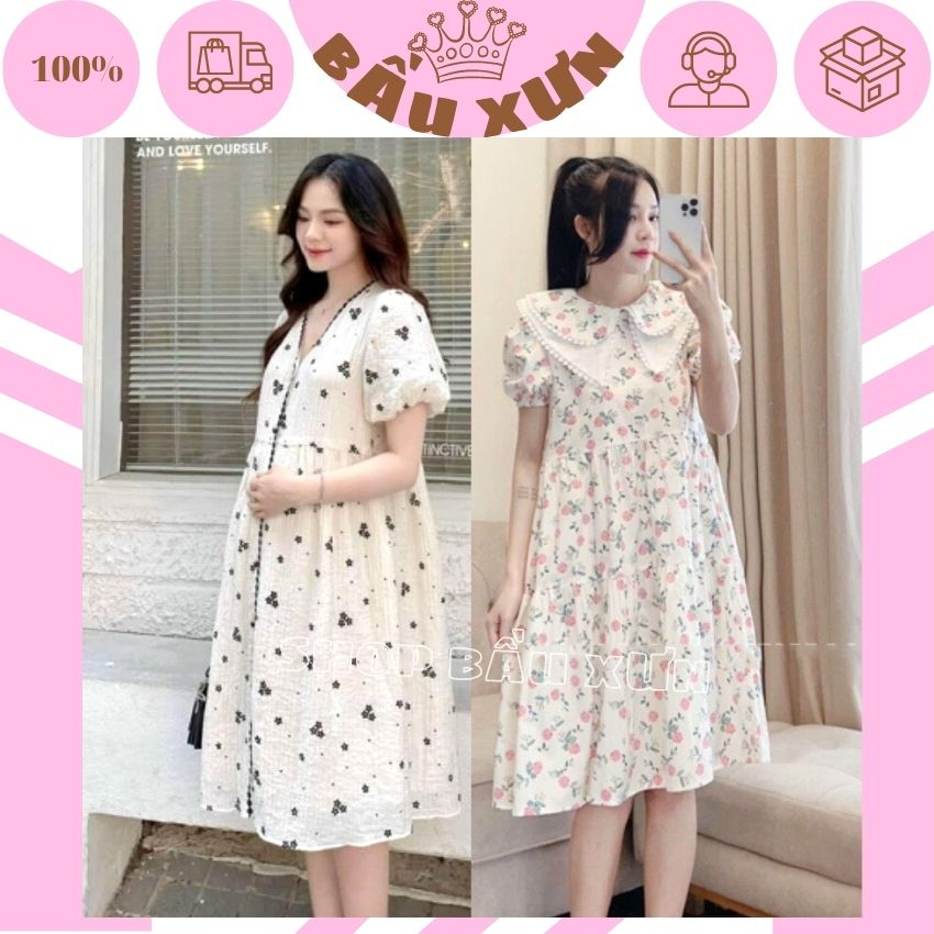 VÁY BẦU BABYDOLL HOA NHÍ TRẮNG VIỀN REN XINH XẮN- ĐẦM BẦU GIẢ RẺ CÔNG SỞ SANG CHẢNH