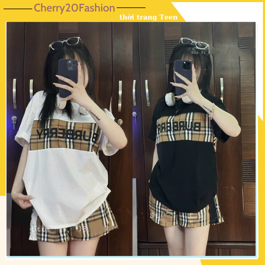 Set, bộ quần áo nữ gồm áo thun bbr kẻ giữa áo phối quần short đùi thời trang xinh xắn