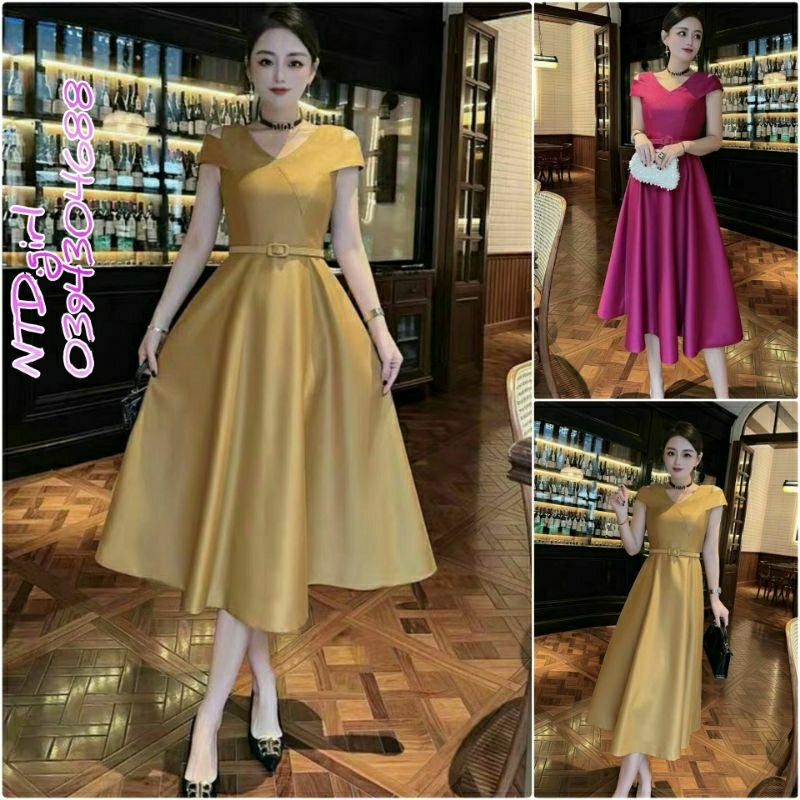 Hàng nhập - Đầm dáng xòe xô mượt khuyết vai tay con, váy dự tiệc trẻ trung sang trọng