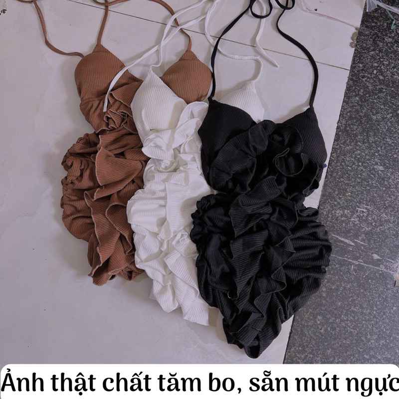 Đầm body cổ yếm tua rua nhún bèo hở ngực sẵn mút ba màu hot trend
