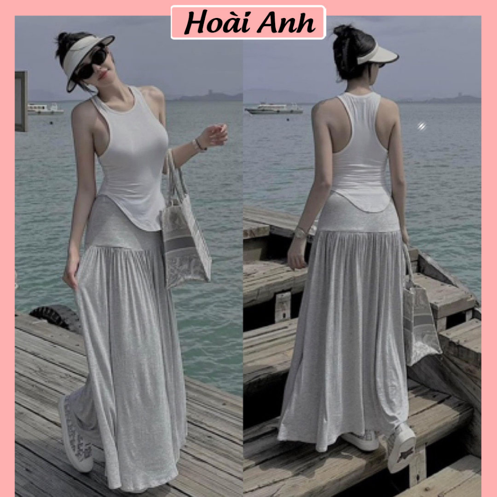 Set Bộ Đồ Nữ Áo Thun Sát Nách Vạt Bầu Ôm Body Mix Chân Váy Dáng Dài Freesize