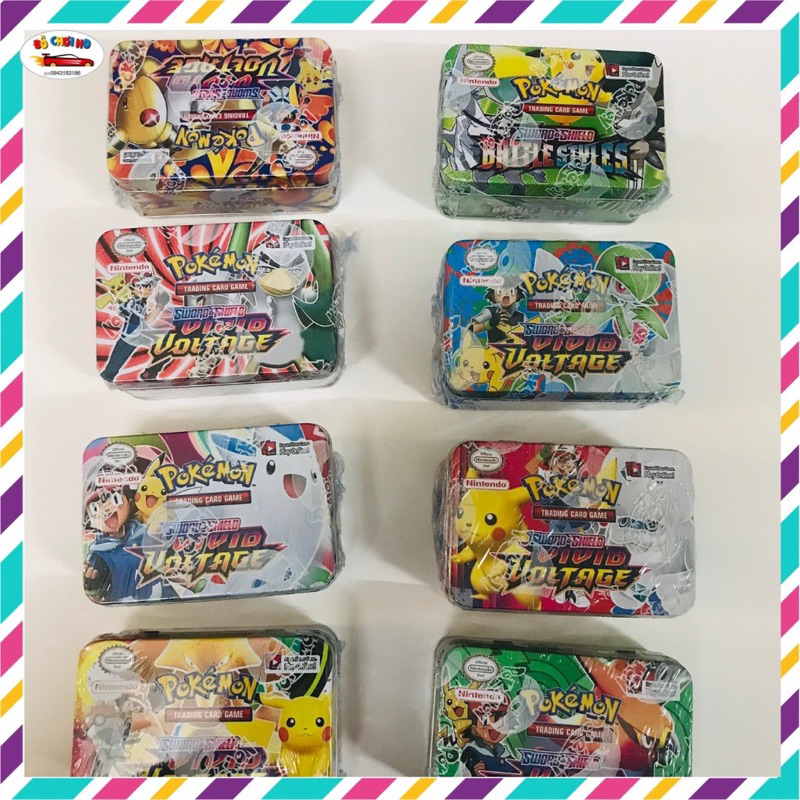 Thẻ pokemon, thẻ bài pokemon hộp sắt 40 lá thẻ Vip