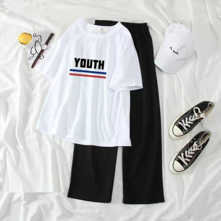 [TẶNG VÒNG TAY] Sét Quần Áo Nữ DVGIT Áo Thun In Chữ Youth Chất Liệu Cotton Thoáng Mát Quần Ống Rộng Thời Trang Hàn Quốc