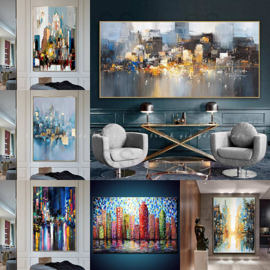 Tranh trừu tượng sơn dầu in canvas khổ lớn trang trí phòng khách sảnh khách sạn tạo sự sang trọng đã có khung