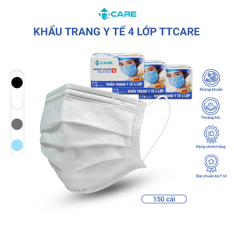 Combo 3 Khẩu trang y tế 4 lớp kháng khuẩn 99% chống bụi bẩn tiêu chuẩn Bộ Y tế thương hiệu TTcare hộp 50 cái