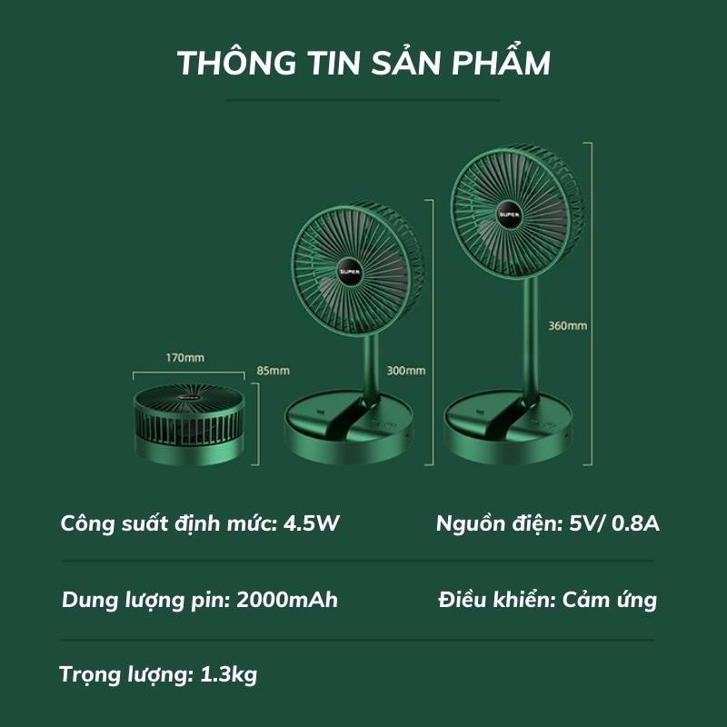 Quạt Tích Điện Để Bàn Gấp Gọn Super Có Thể Điều Chỉnh Độ Cao , 3 Tốc Độ Gió, Cổng Sạc USB Xoay 180 Độ Siêu Tiện Lợi ✌🏻