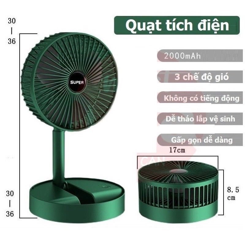 Quạt Tích Điện Để Bàn Gấp Gọn Super Có Thể Điều Chỉnh Độ Cao , 3 Tốc Độ Gió, Cổng Sạc USB Xoay 180 Độ Siêu Tiện Lợi ✌🏻