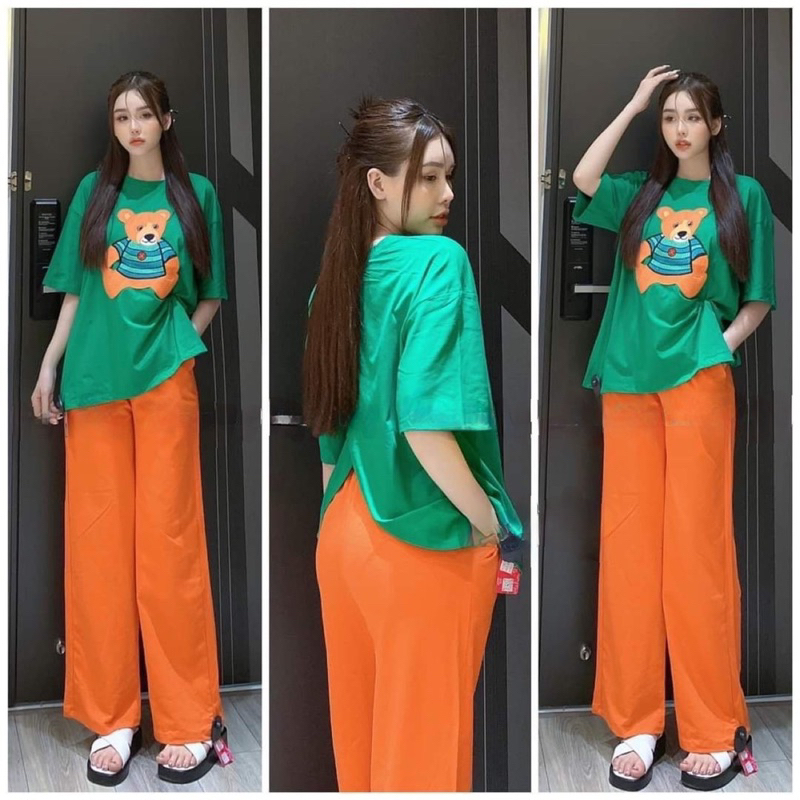 Đồ bộ nữ bộ quần ống suông thêu gấu áo xẻ tà sau