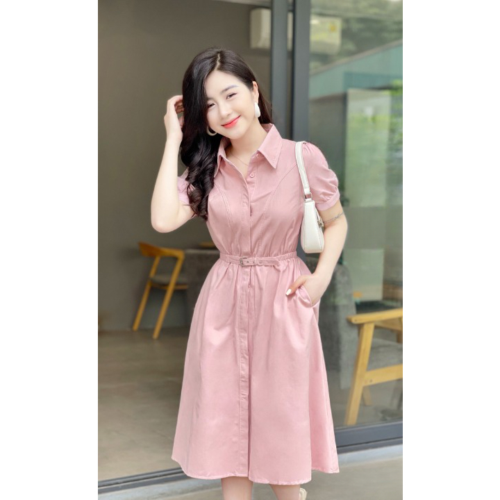 🔥M28 - Váy Sơ Mi Hồng Kèm Đai Eo, Váy Thiết Kế Eo Có Chun, Form Dáng Sang Trọng, Lịch Sự by Belly Clothing