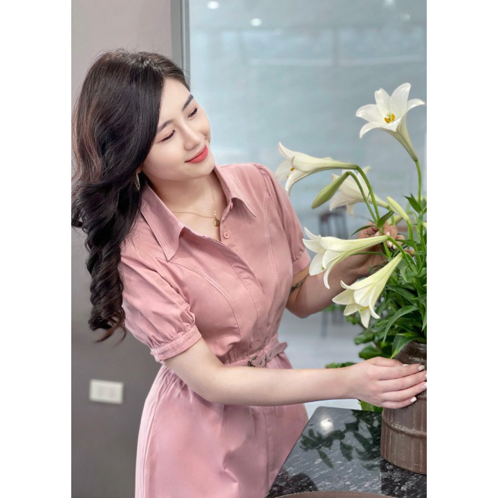 🔥M28 - Váy Sơ Mi Hồng Kèm Đai Eo, Váy Thiết Kế Eo Có Chun, Form Dáng Sang Trọng, Lịch Sự by Belly Clothing