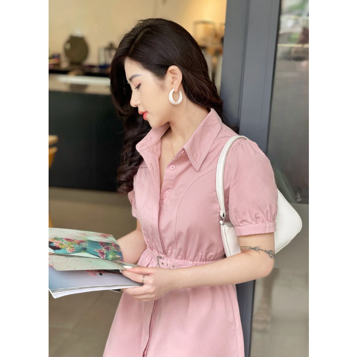 🔥M28 - Váy Sơ Mi Hồng Kèm Đai Eo, Váy Thiết Kế Eo Có Chun, Form Dáng Sang Trọng, Lịch Sự by Belly Clothing