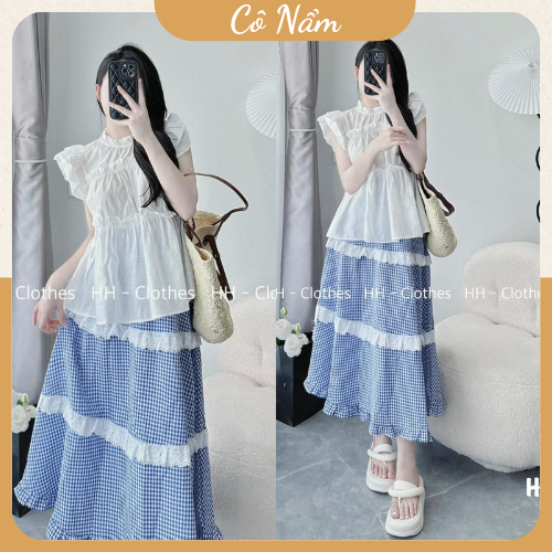Set Bộ Đồ Nữ Áo Bèo Cánh Tiên Trắng Mix Chân Váy Xanh Kẻ Ren 2 Tầng Hothit