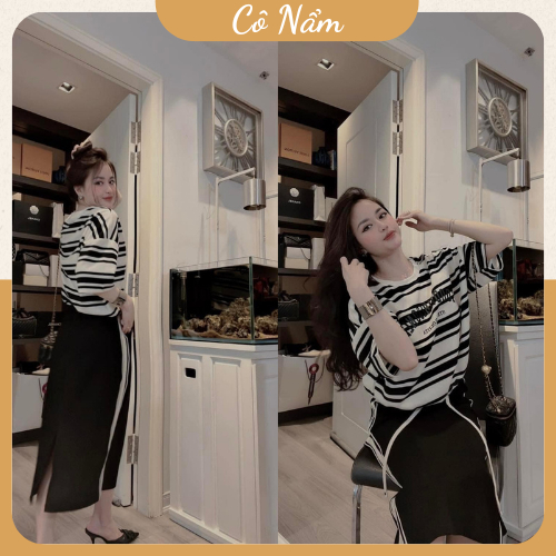 Set Bộ Đồ Nữ Áo Kẻ Thụng Đen Mix Chân Váy Umi Dáng Dài Phối Viền Trắng Freesize