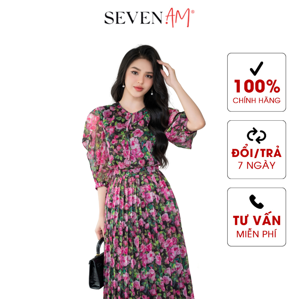 Đầm xòe tay lỡ hồng đen hoa hồng cổ tròn thời trang nữ Seven AM OH633390I