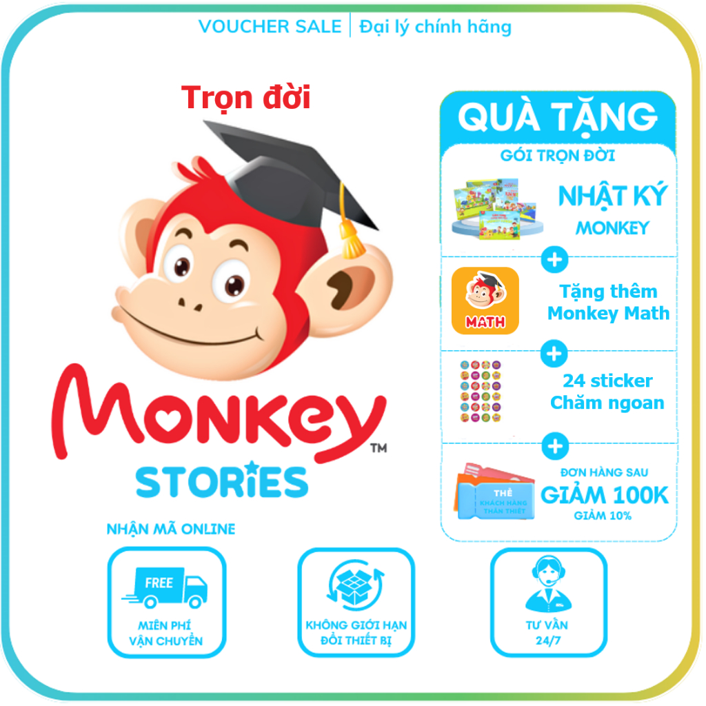 Monkey Stories trọn đời  Toàn quốc [E-voucher]-Voucher Mã học phần mềm tiếng Anh (Trọn đời, 1 năm, 6 tháng)