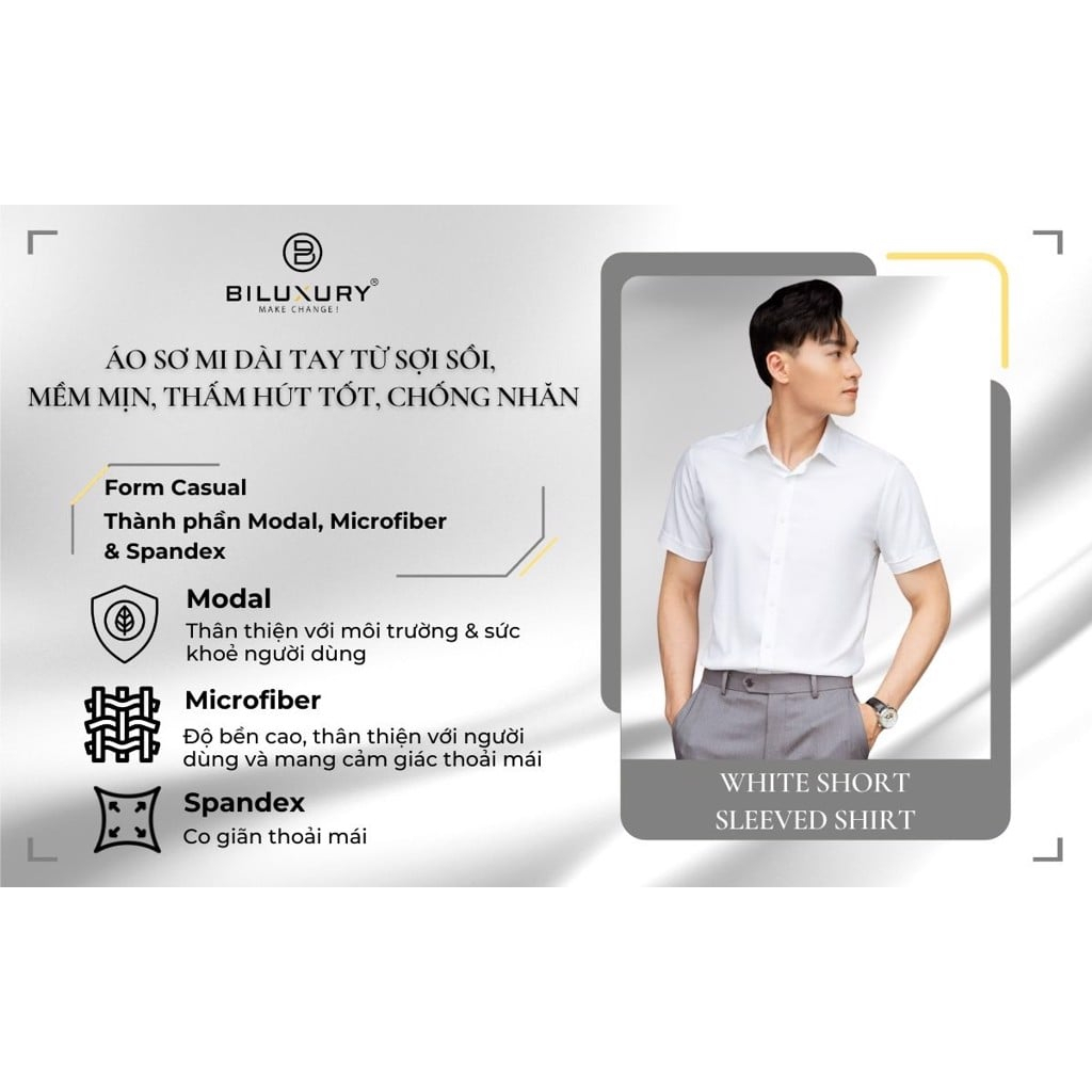 Áo sơ mi nam ngắn tay trắng Biluxury 6SMCC005TRK công nghệ kháng khuẩn thời trang văn phòng lịch lãm