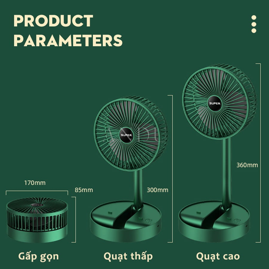 Quạt tích điện để bàn Super Fan gấp gọn, điều chỉnh 3 tốc độ gió