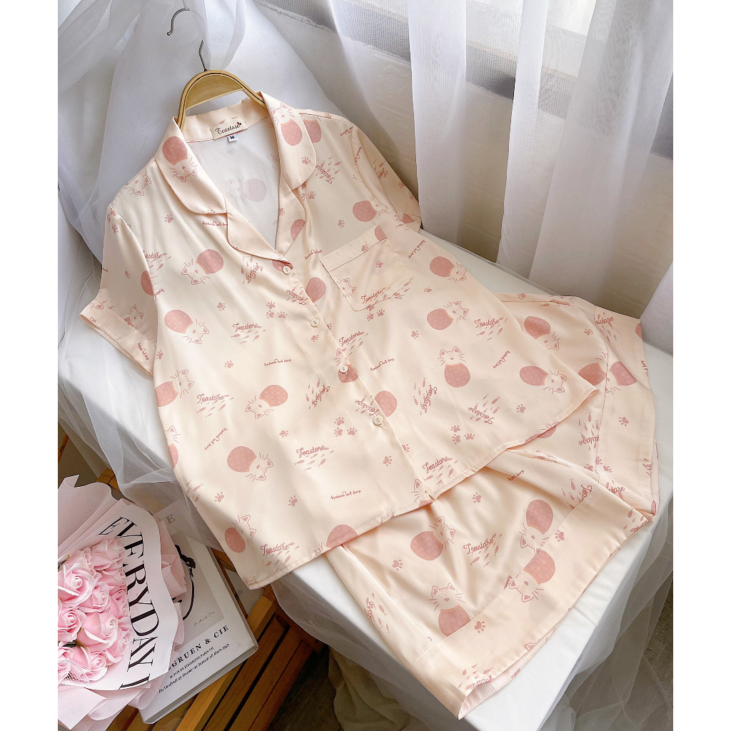 Bộ mặc nhà Pyjama lụa cộc Tea Store họa tiết mèo