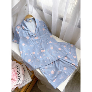 Bộ mặc nhà Pyjama lụa cộc Tea Store họa tiết mèo